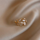 Gold Ring with Leaf and White Opal